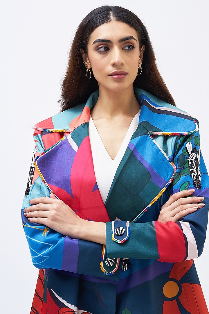 Multi-Colored Silk Twill Trench Jacket by Kshitij Jalori at Pernia's Pop Up Shop