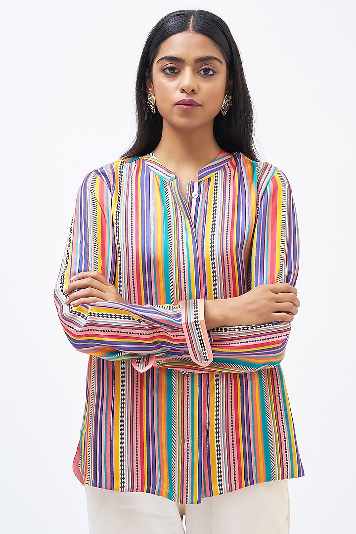 Multi-Colored Silk Twill Striped Shirt by Kshitij Jalori