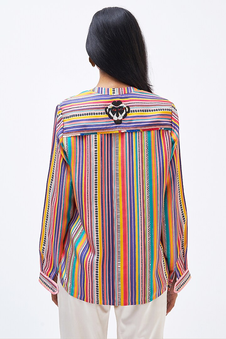 Multi-Colored Silk Twill Striped Shirt by Kshitij Jalori at Pernia's Pop Up Shop