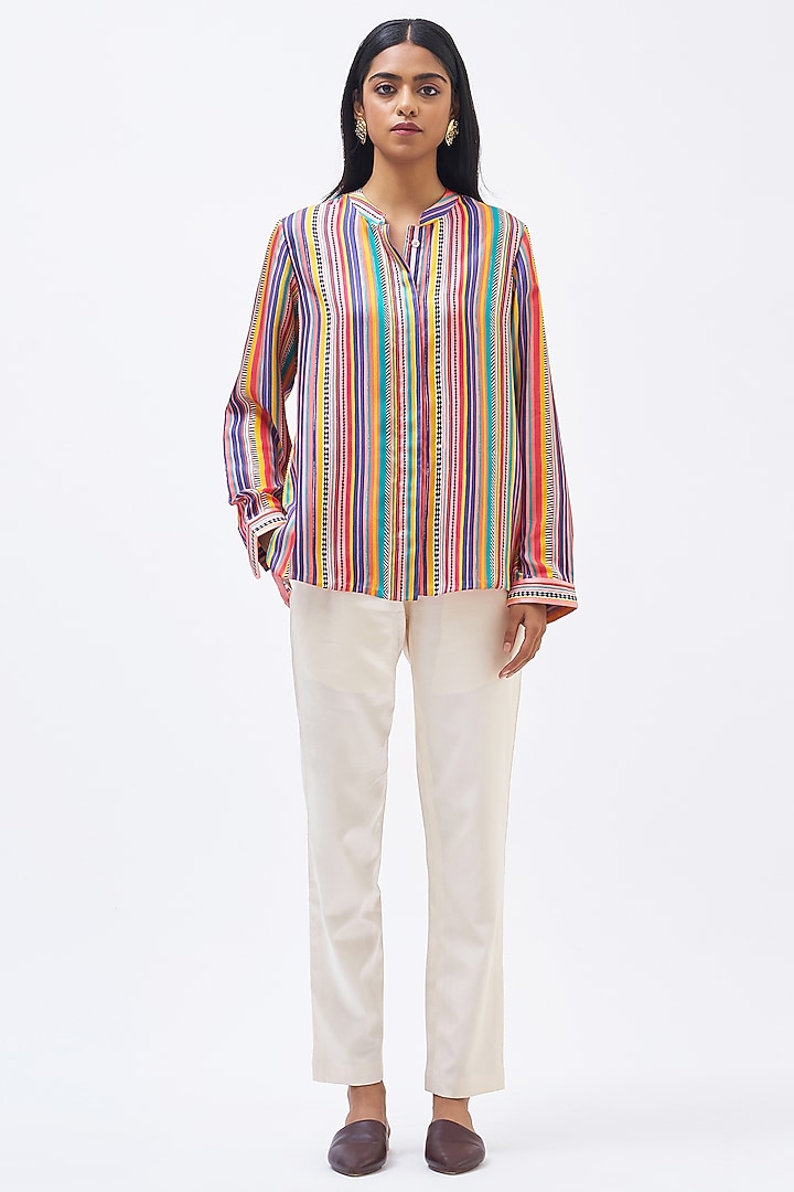 Multi-Colored Silk Twill Striped Shirt by Kshitij Jalori at Pernia's Pop Up Shop