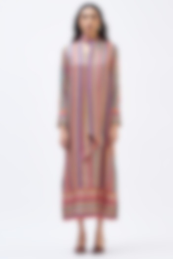 Multi-Colored Silk Twill Striped Kaftan Dress by Kshitij Jalori