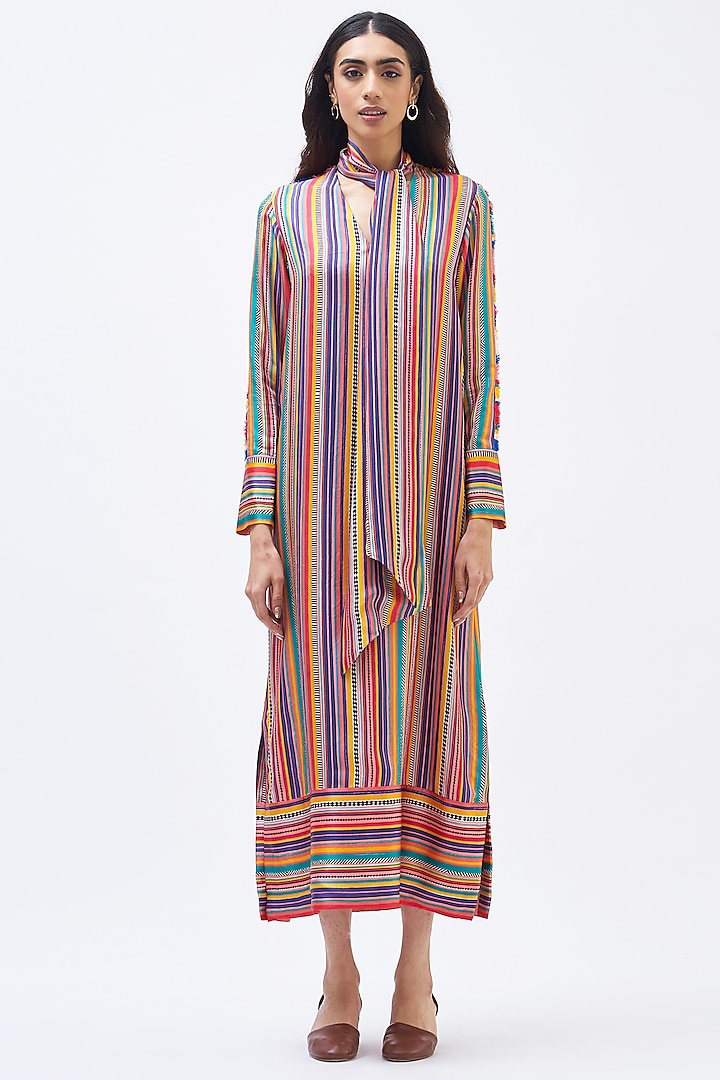 Multi-Colored Silk Twill Striped Kaftan Dress by Kshitij Jalori
