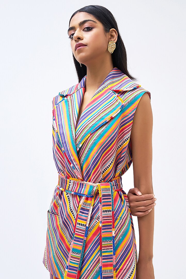 Multi-Colored Silk Twill Striped Pant Set by Kshitij Jalori at Pernia's Pop Up Shop