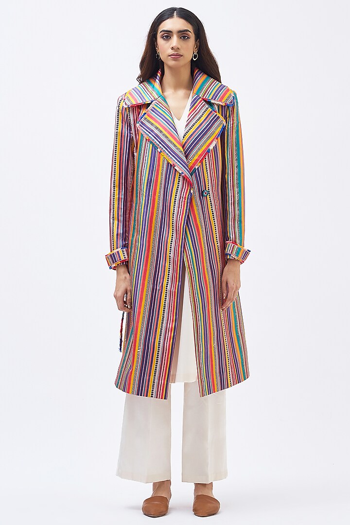 Multi-Colored Silk Twill Striped Trench Jacket by Kshitij Jalori at Pernia's Pop Up Shop
