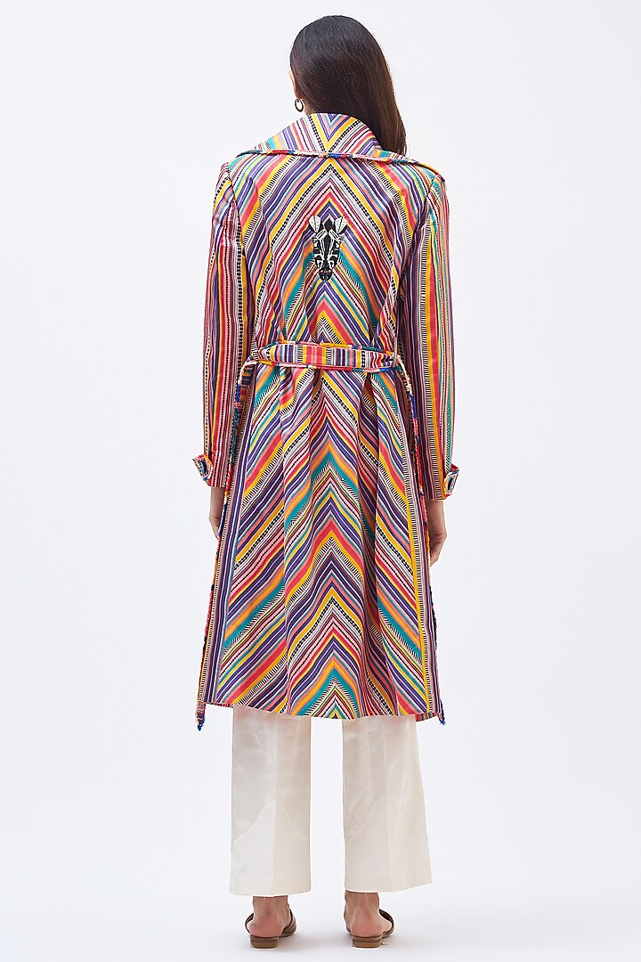 Multi-Colored Silk Twill Striped Trench Jacket by Kshitij Jalori at Pernia's Pop Up Shop