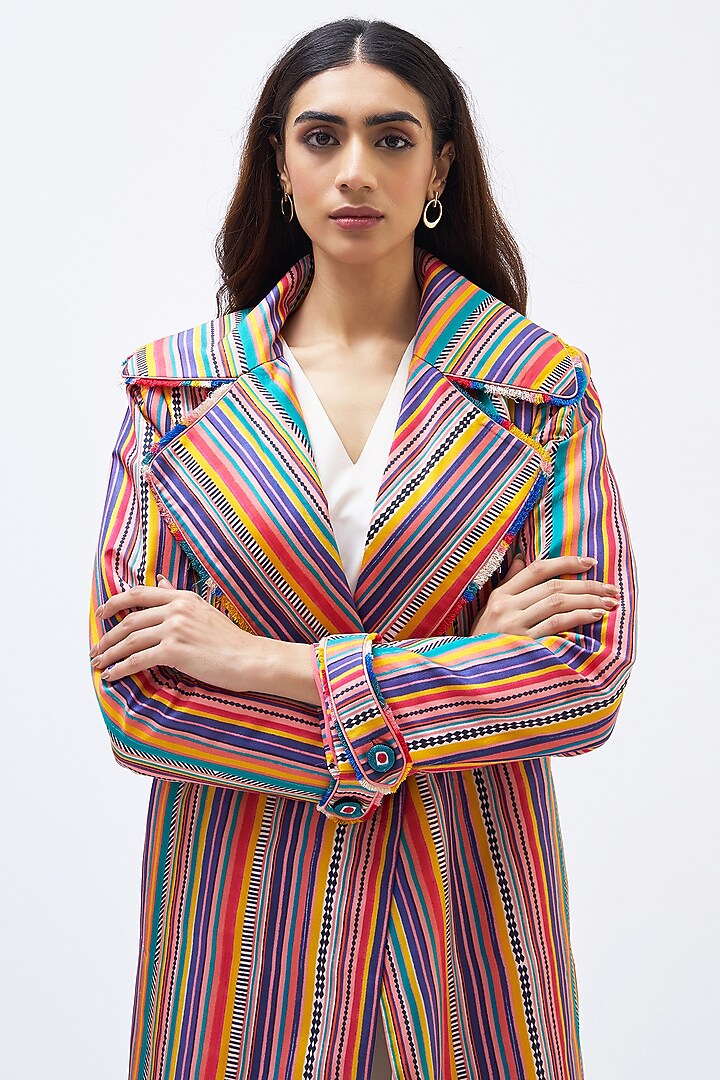 Multi-Colored Silk Twill Striped Trench Jacket by Kshitij Jalori at Pernia's Pop Up Shop