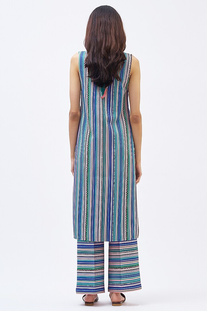 Forest Blue Italian Jersey Striped Kurta Set by Kshitij Jalori at Pernia's Pop Up Shop