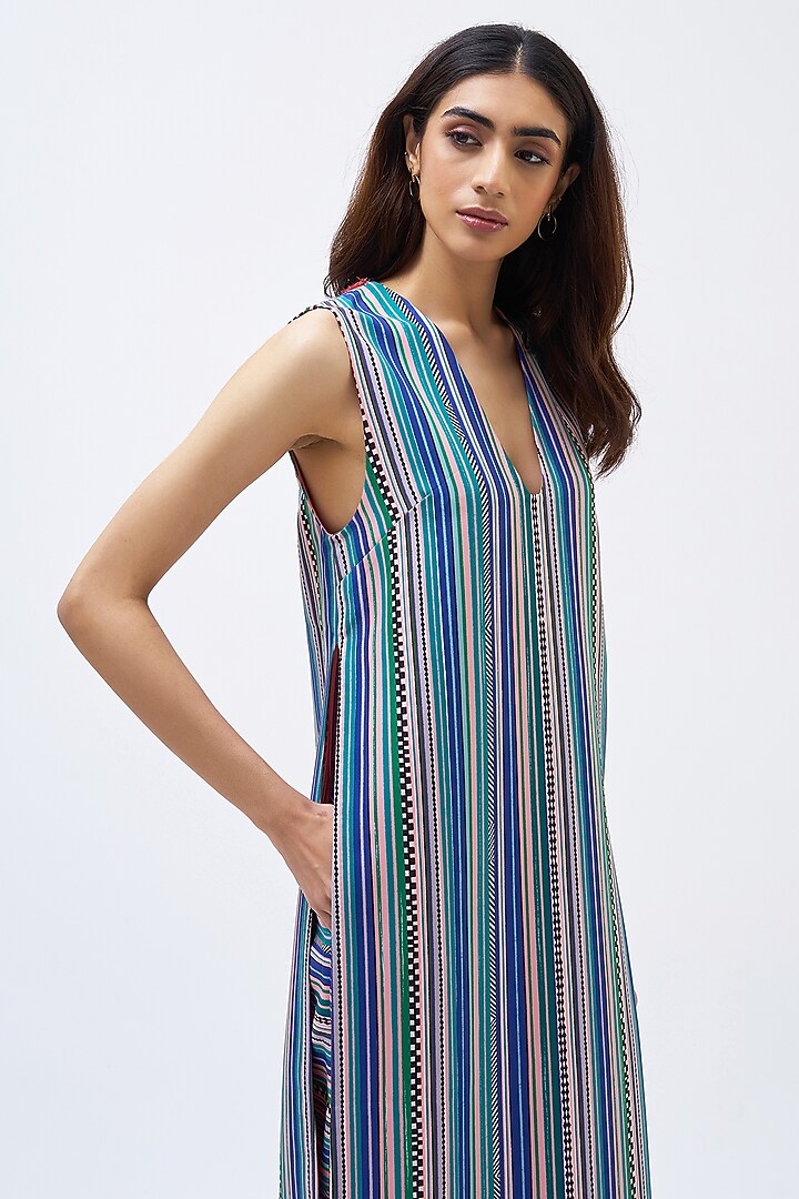 Forest Blue Italian Jersey Striped Kurta Set by Kshitij Jalori at Pernia's Pop Up Shop