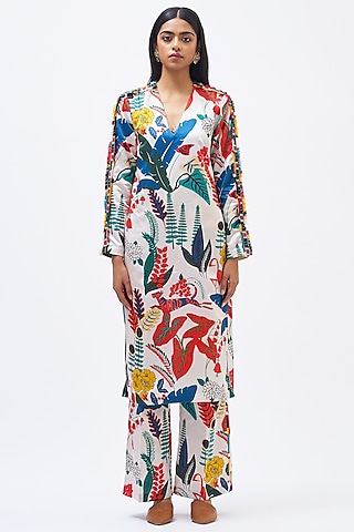 Multi-Colored Cotton Silk Satin Kurta Set by Kshitij Jalori