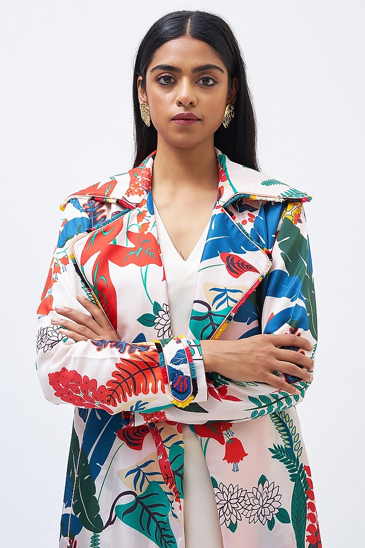Multi-Colored Silk Twill Trench Jacket by Kshitij Jalori at Pernia's Pop Up Shop