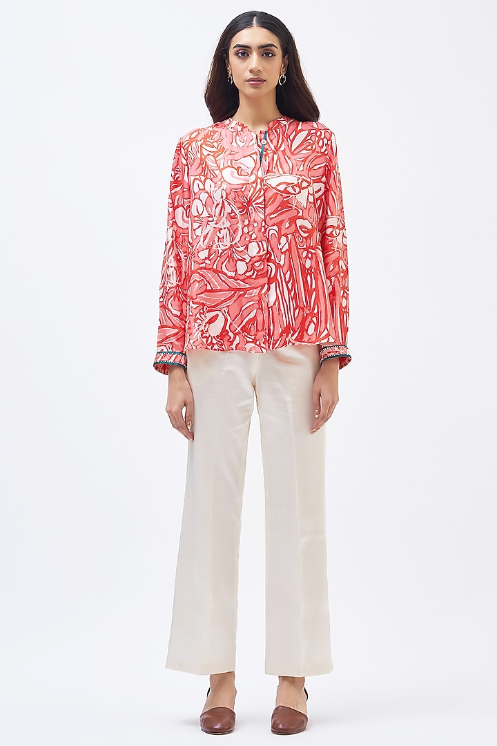 Coral Pink Silk Twill Shirt by Kshitij Jalori at Pernia's Pop Up Shop