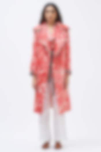 Coral Pink Silk Velvet Trench Jacket by Kshitij Jalori