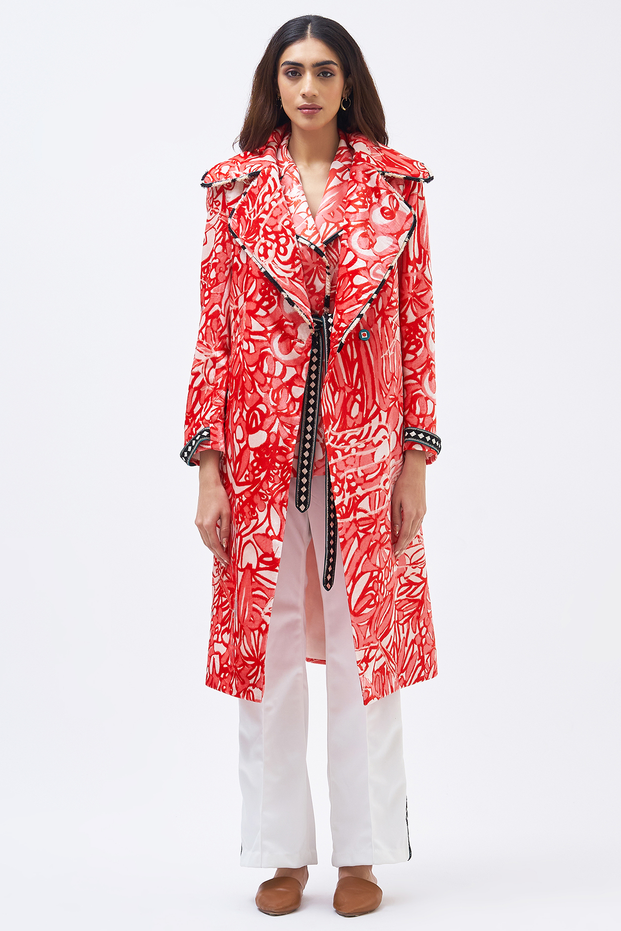 Coral Pink Silk Velvet Trench Jacket by Kshitij Jalori