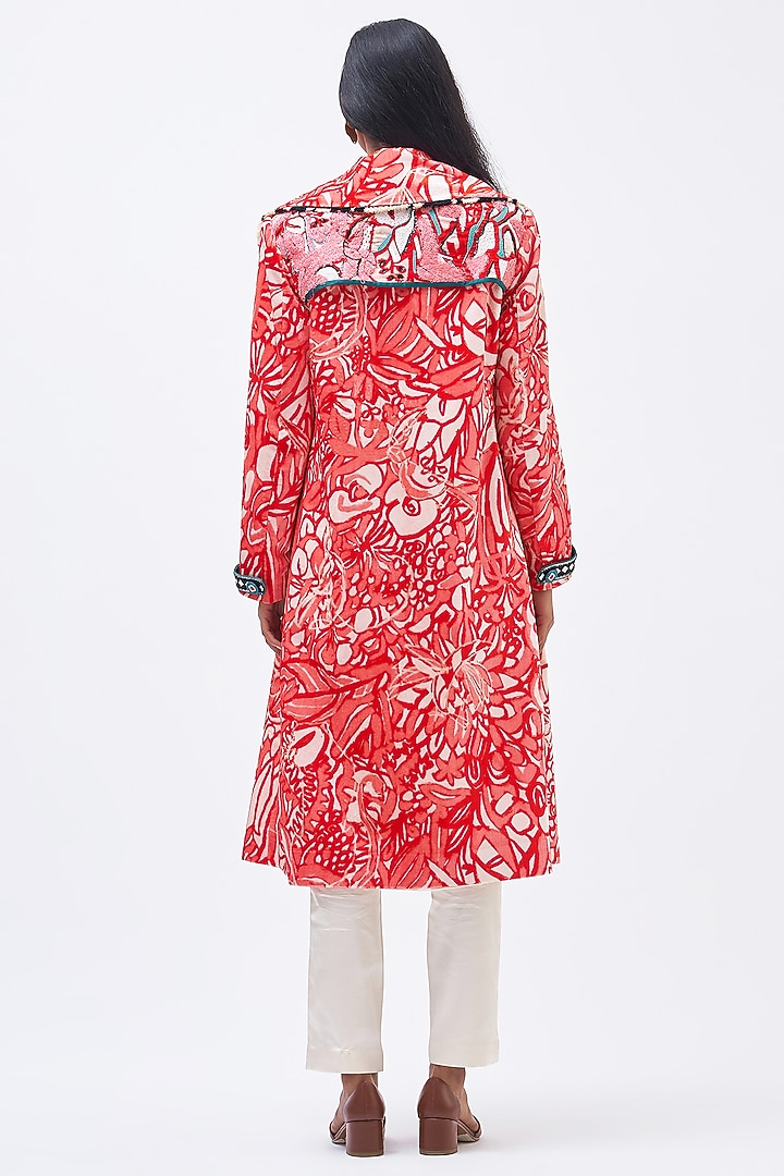 Coral Pink Silk Velvet Trench Jacket by Kshitij Jalori at Pernia's Pop Up Shop