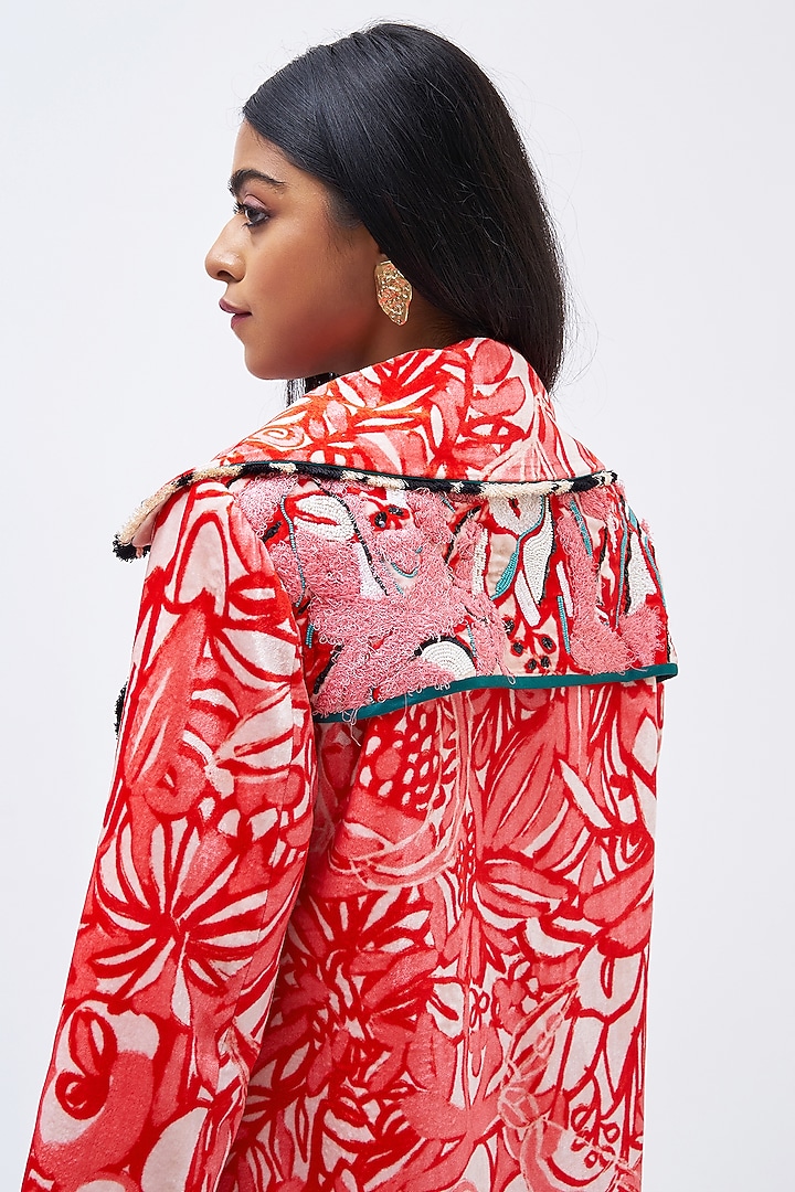 Coral Pink Silk Velvet Trench Jacket by Kshitij Jalori at Pernia's Pop Up Shop