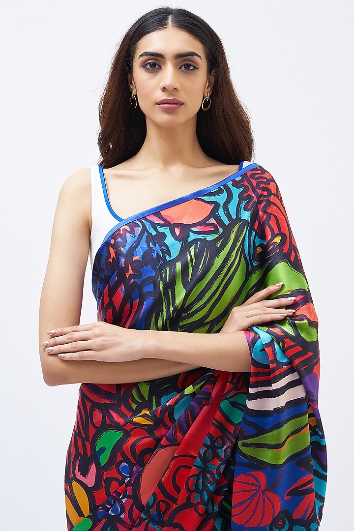 Multi-Colored Silk Satin Crepe Party Wear Saree by Kshitij Jalori at Pernia's Pop Up Shop