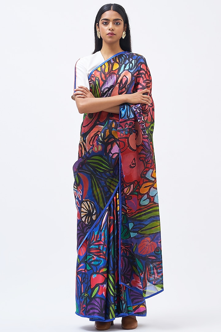 Multi-Colored Silk Satin Crepe & Silk Organza Saree by Kshitij Jalori