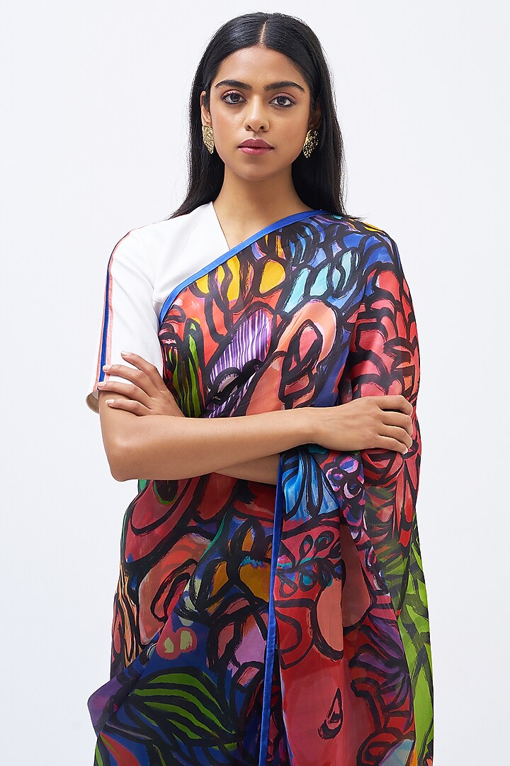 Multi-Colored Silk Satin Crepe & Silk Organza Party Wear Saree by Kshitij Jalori at Pernia's Pop Up Shop
