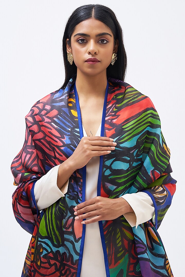 Multi-Colored Silk Satin Crepe Dupatta by Kshitij Jalori at Pernia's Pop Up Shop