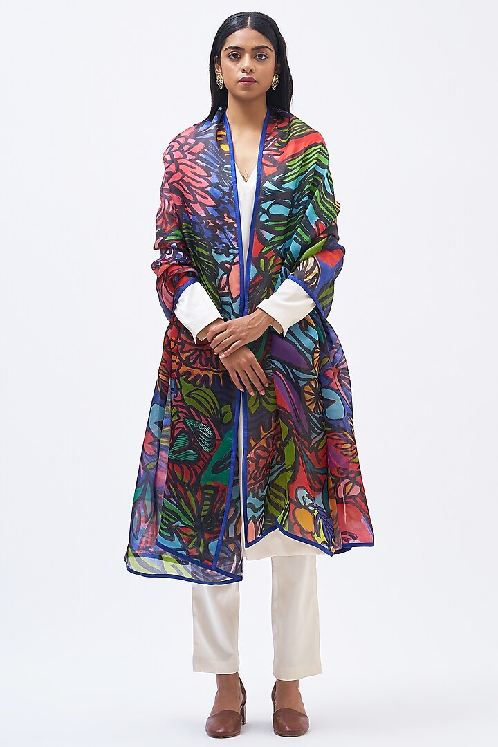 Multi-Colored Silk Satin Crepe Dupatta by Kshitij Jalori at Pernia's Pop Up Shop