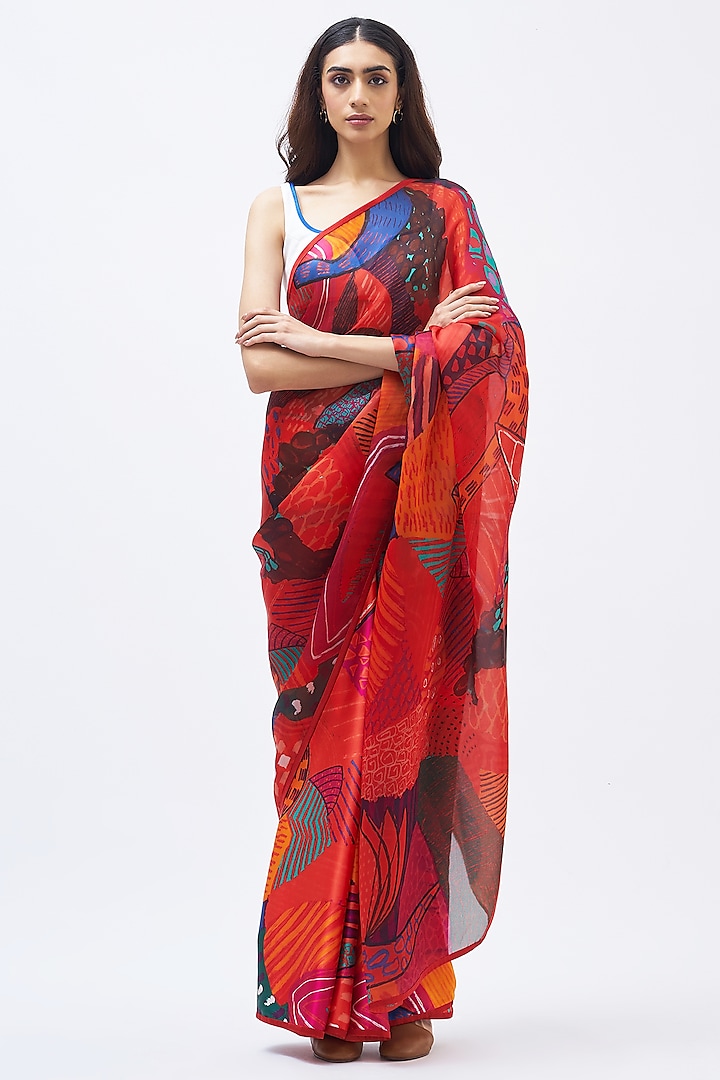 Burnt Umber Silk Satin Crepe & Silk Organza Saree by Kshitij Jalori