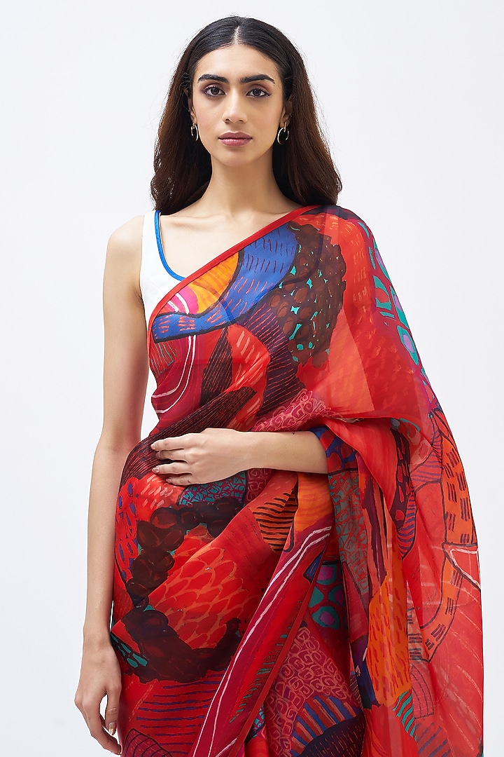 Burnt Umber Silk Satin Crepe & Silk Organza Party Wear Saree by Kshitij Jalori at Pernia's Pop Up Shop