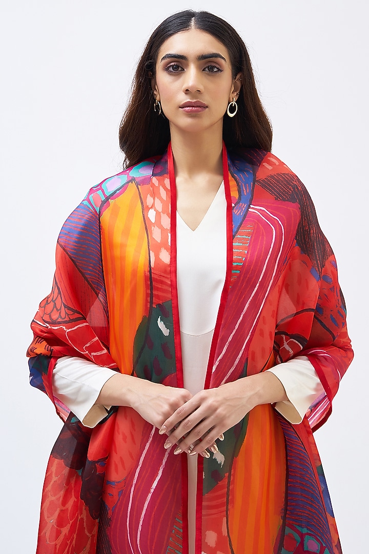 Burnt Umber Silk Satin Organza Dupatta by Kshitij Jalori at Pernia's Pop Up Shop