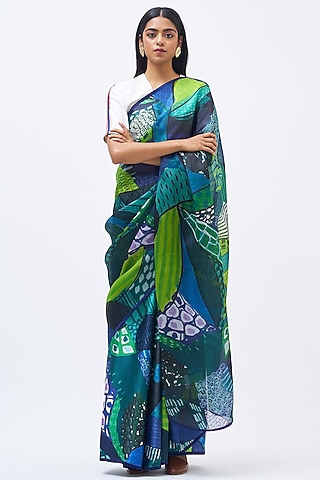 Forest Green Silk Satin Crepe & Silk Organza Saree by Kshitij Jalori