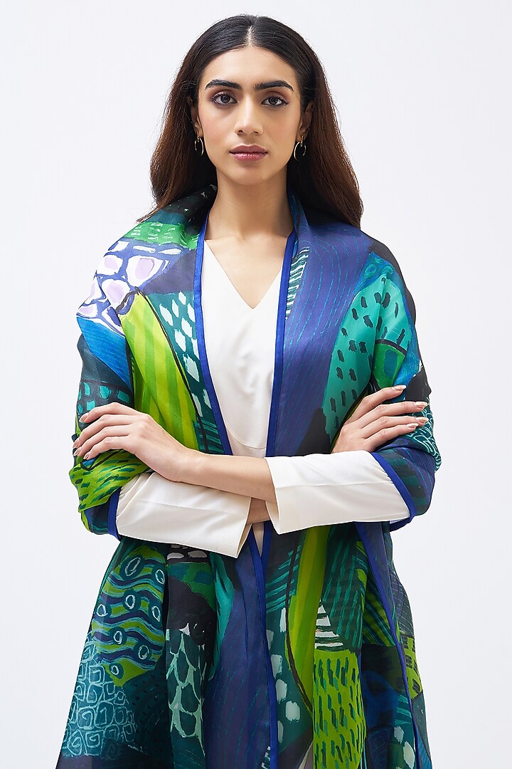 Forest Green Silk Satin Organza Dupatta by Kshitij Jalori at Pernia's Pop Up Shop