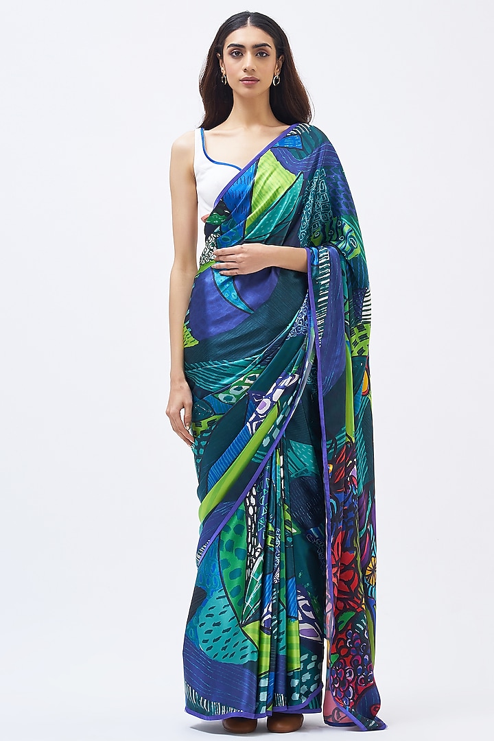 Multi-Colored Silk Satin Crepe & Silk Organza Saree by Kshitij Jalori