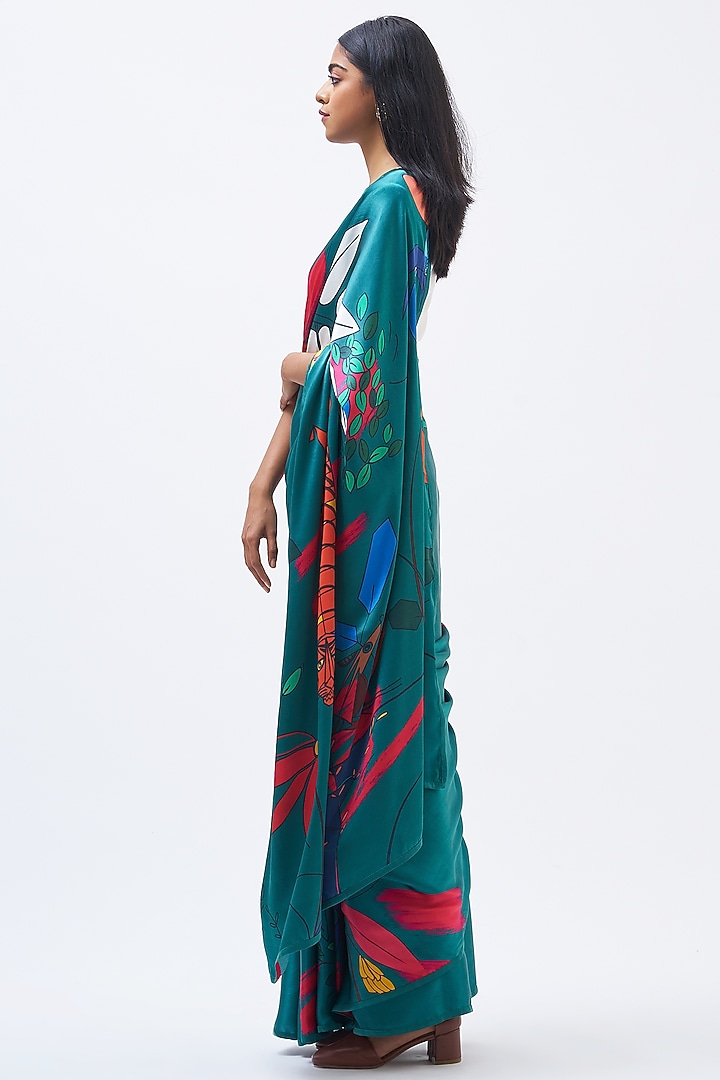 Emerald Silk Satin Crepe Party Wear Saree by Kshitij Jalori at Pernia's Pop Up Shop