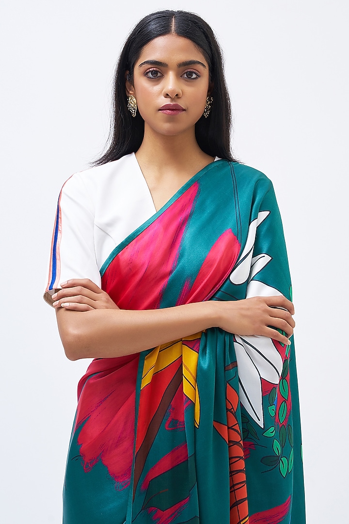 Emerald Silk Satin Crepe Party Wear Saree by Kshitij Jalori at Pernia's Pop Up Shop