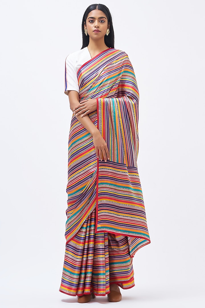 Multi-Colored Silk Satin Crepe Striped Saree by Kshitij Jalori