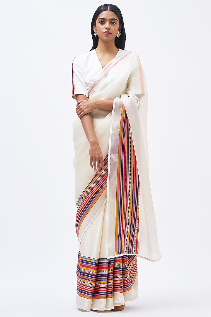 Ivory Silk Satin Crepe & Silk Organza Striped Saree by Kshitij Jalori at Pernia's Pop Up Shop