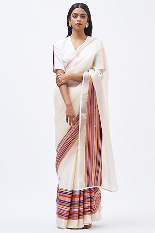 Ivory Silk Satin Crepe & Silk Organza Striped Saree by Kshitij Jalori