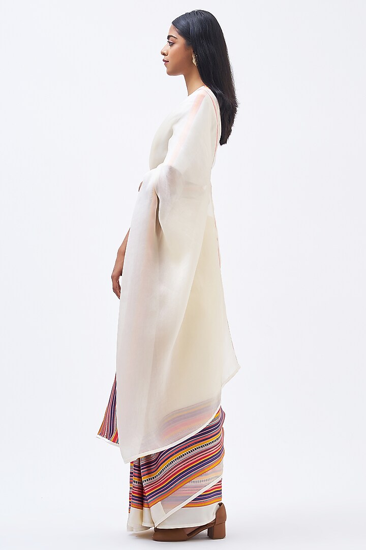 Ivory Silk Satin Crepe & Silk Organza Striped Party Wear Saree by Kshitij Jalori at Pernia's Pop Up Shop
