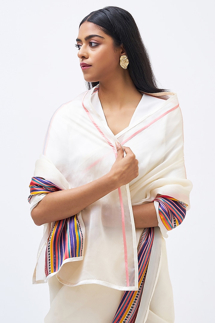 Ivory Silk Satin Crepe & Silk Organza Striped Party Wear Saree by Kshitij Jalori at Pernia's Pop Up Shop