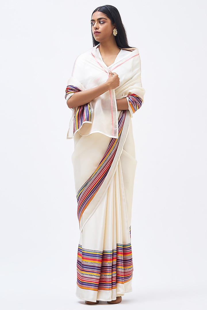 Ivory Silk Satin Crepe & Silk Organza Striped Party Wear Saree by Kshitij Jalori at Pernia's Pop Up Shop