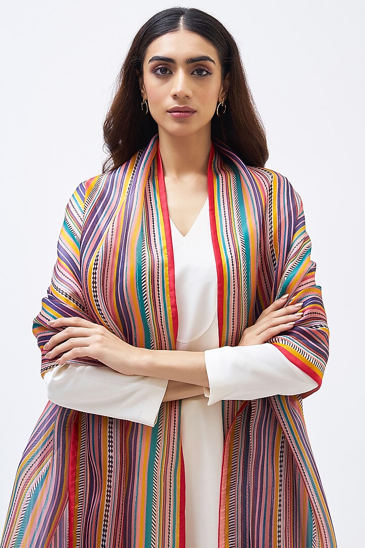 Multi-Colored Silk Satin Organza Striped Dupatta by Kshitij Jalori at Pernia's Pop Up Shop