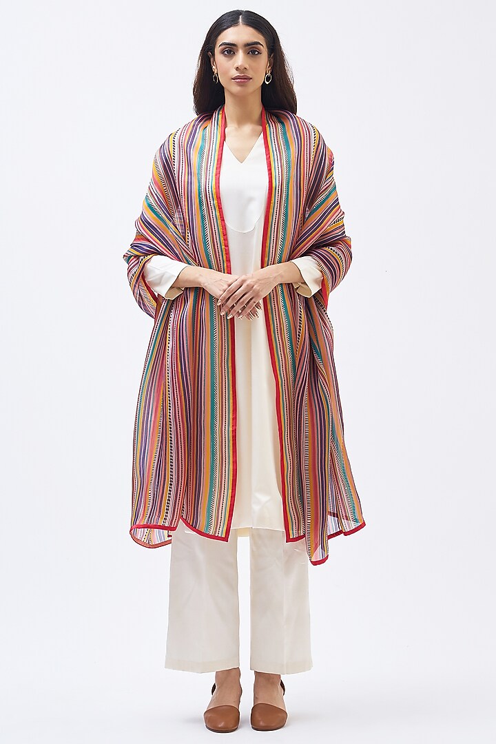 Multi-Colored Silk Satin Organza Striped Dupatta by Kshitij Jalori at Pernia's Pop Up Shop