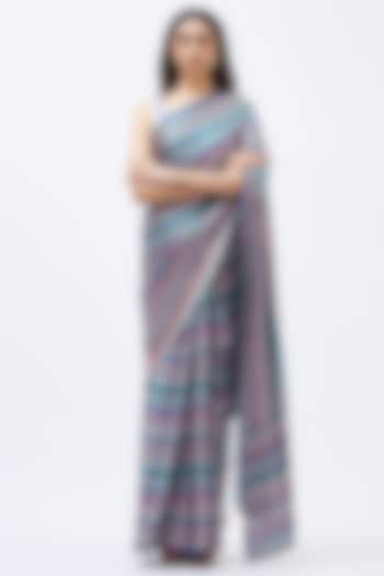 Forest Blue Silk Satin Crepe Striped Saree by Kshitij Jalori