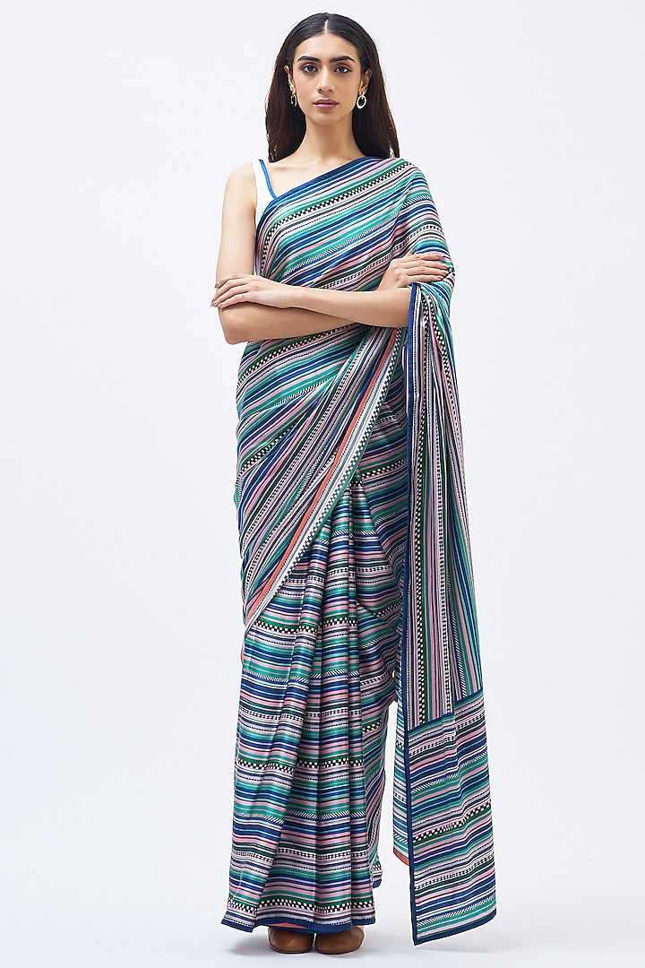 Forest Blue Silk Satin Crepe Striped Saree by Kshitij Jalori