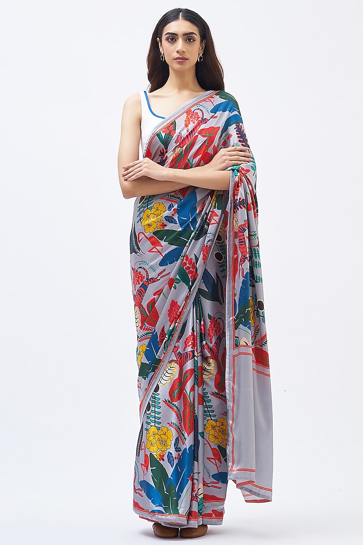 Multi-Colored Silk Satin Crepe Saree by Kshitij Jalori at Pernia's Pop Up Shop