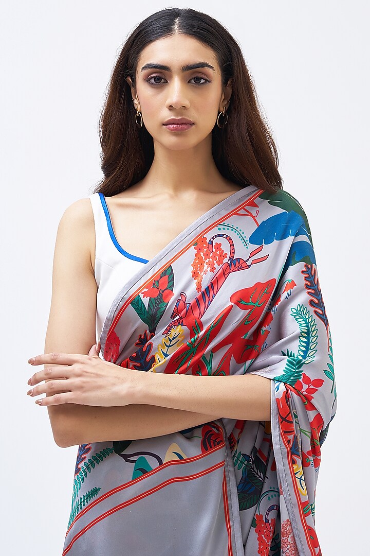 Multi-Colored Silk Satin Crepe Party Wear Saree by Kshitij Jalori at Pernia's Pop Up Shop