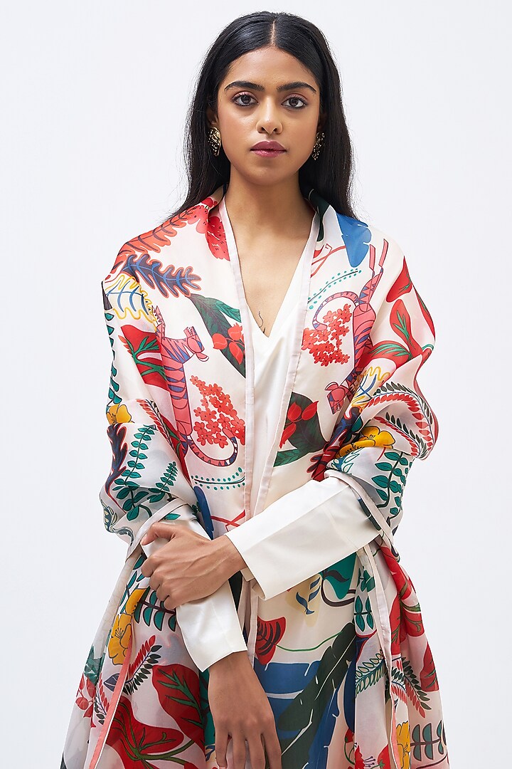 Multi-Colored Silk Satin Organza Dupatta by Kshitij Jalori at Pernia's Pop Up Shop
