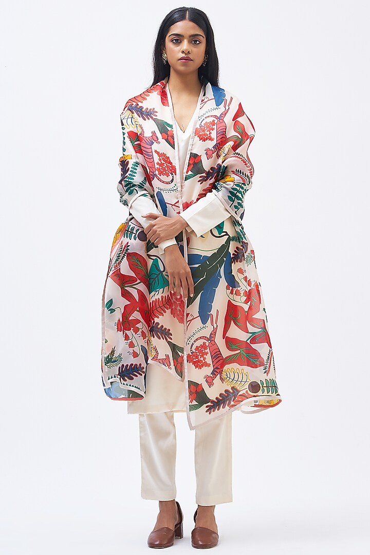 Multi-Colored Silk Satin Organza Dupatta by Kshitij Jalori at Pernia's Pop Up Shop