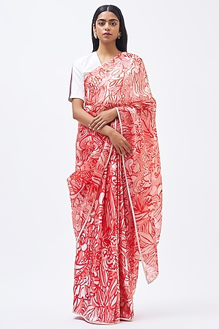 Coral Pink Silk Satin Crepe & Silk Organza Saree by Kshitij Jalori