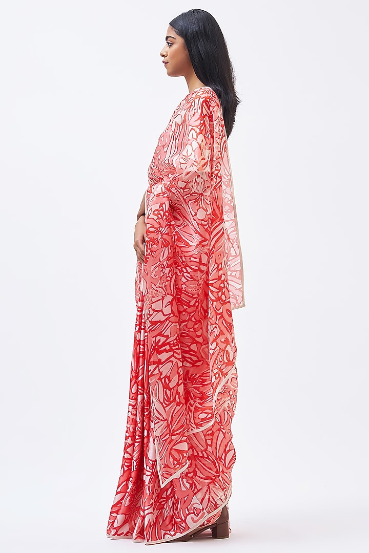 Coral Pink Silk Satin Crepe & Silk Organza Party Wear Saree by Kshitij Jalori at Pernia's Pop Up Shop
