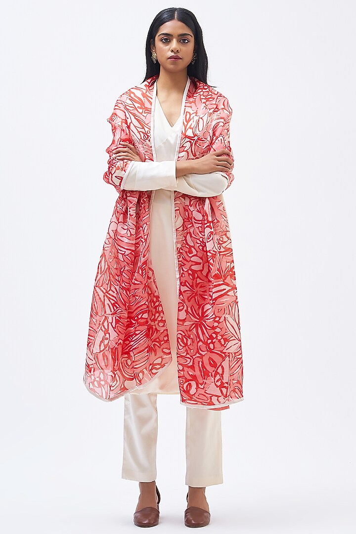 Coral Pink Silk Satin Organza Dupatta by Kshitij Jalori at Pernia's Pop Up Shop