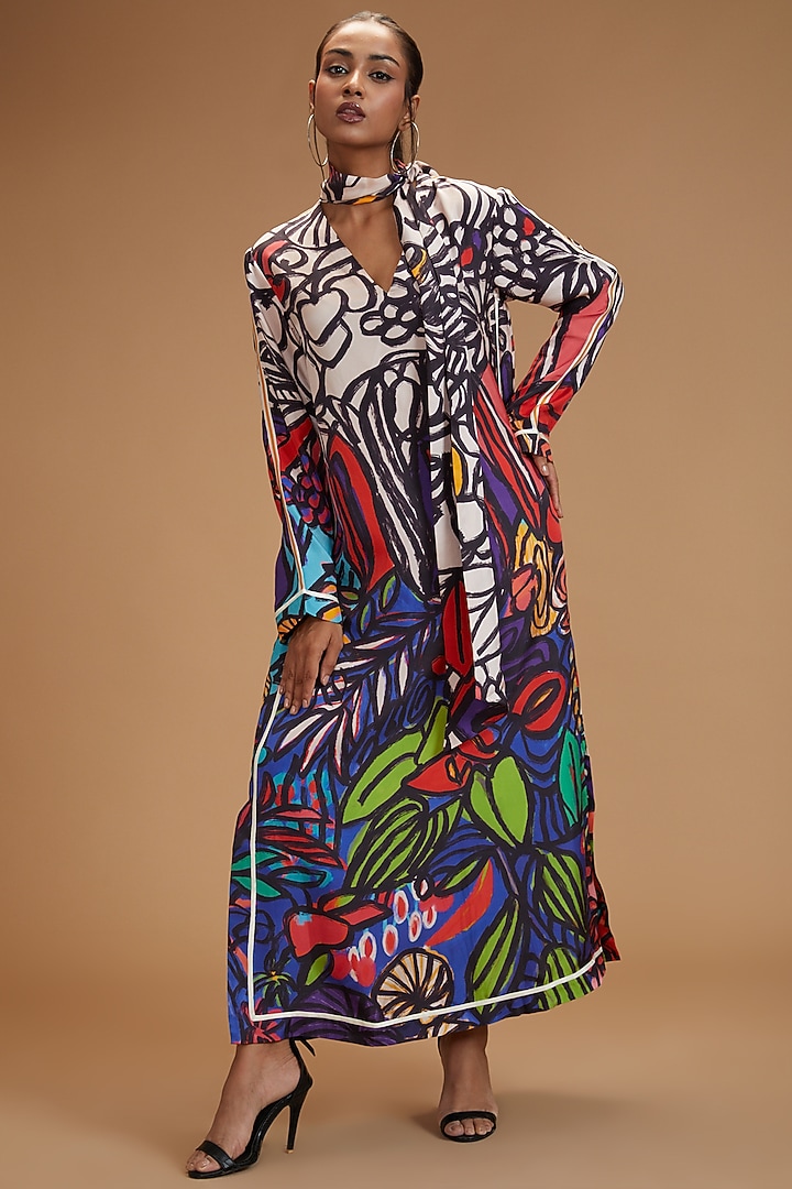 Multi-Colored Cotton Silk Satin Printed Kaftan by Kshitij Jalori at Pernia's Pop Up Shop